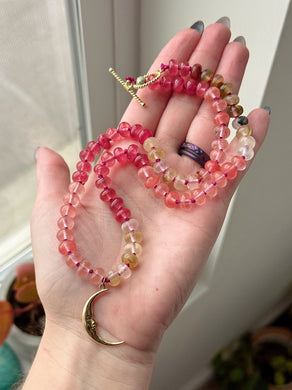 Crescent Moon Necklace - 8mm Fire & Cherry Quartz Rondelle - Italian Bronze Moon Pendant
