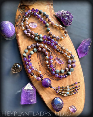 Mystic Wisdom  - Charoite, Amethyst, Aura Amethyst, Smoky Quartz, Eagle Eye, Mystic Agate - 108 Mala Necklace - Amethyst Focal