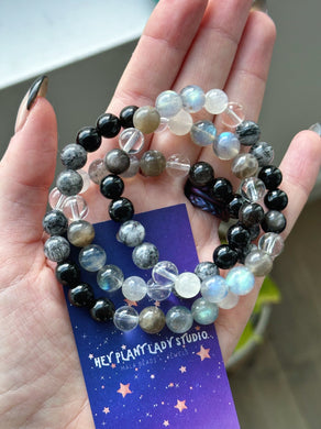 Moon Dancer - Labradorite, Rainbow Moonstone, Clear Quartz, Rutilated Quartz, Silver Sheen Obsidian Gemstone Bracelet