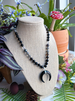 Wytchwood - 17” Onyx + Smoky Quartz + Mystic Tigers Eye + Labradorite + Quartz - Obsidian Crescent Pendant