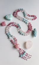Load image into Gallery viewer, Heart of the Goddess - 108 Mala Necklace - 8mm Faceted Rose Quartz, Aquamarine, Rainbow Moonstone, Clear Quartz - Rose Quartz Focal