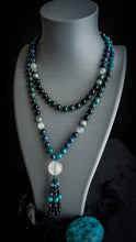 Load image into Gallery viewer, Ancient Storm - 108 Mala Necklace - 8mm Bloodstone, Apatite, Dumortierite, Larvikite, Clear Quartz, Onyx, Eagles Eye - Clear Quartz Focal