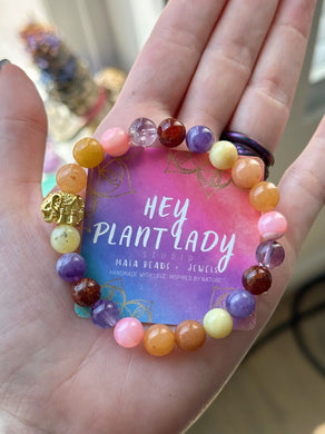 RESERVED -  Tropicana - Gold Filled Elephant - 8mm Velvet Fluorite + Pink Mother of Pearl + Peach Aventurine + Yellow Opal + Hematoid Amethyst + Hessonite Garnet  - Gemstone Bracelet