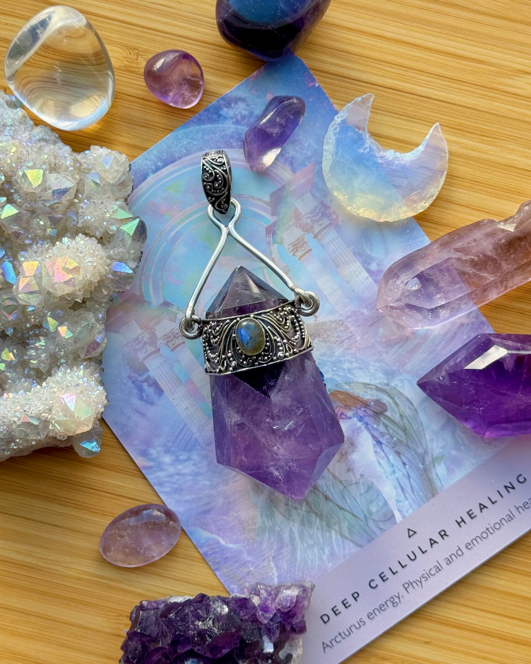 90mm Lavender + Labradorite Chunky Amethyst Point - Sterling Silver Intricate Bail