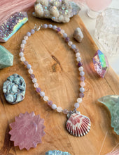 Load image into Gallery viewer, Pink Tides - 16” Necklace - 8mm Lavender Amethyst, Rose Quartz, Aquamarine + Shell Focal