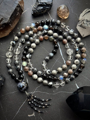 Eclipse Mala - 8mm - Labradorite, Larvikite, Eagle Eye, Clear Quartz, Rainbow Moonstone, Smoky Obsidian, Black Moonstone, Tourmalated Quartz, Onyx - 108 Mala Necklace - Mystic Merlinite Focal
