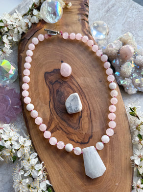Falling Petals - 16”Choker - 8mm Rose Quartz, Moonstone - Rainbow Lattice Moonstone Focal