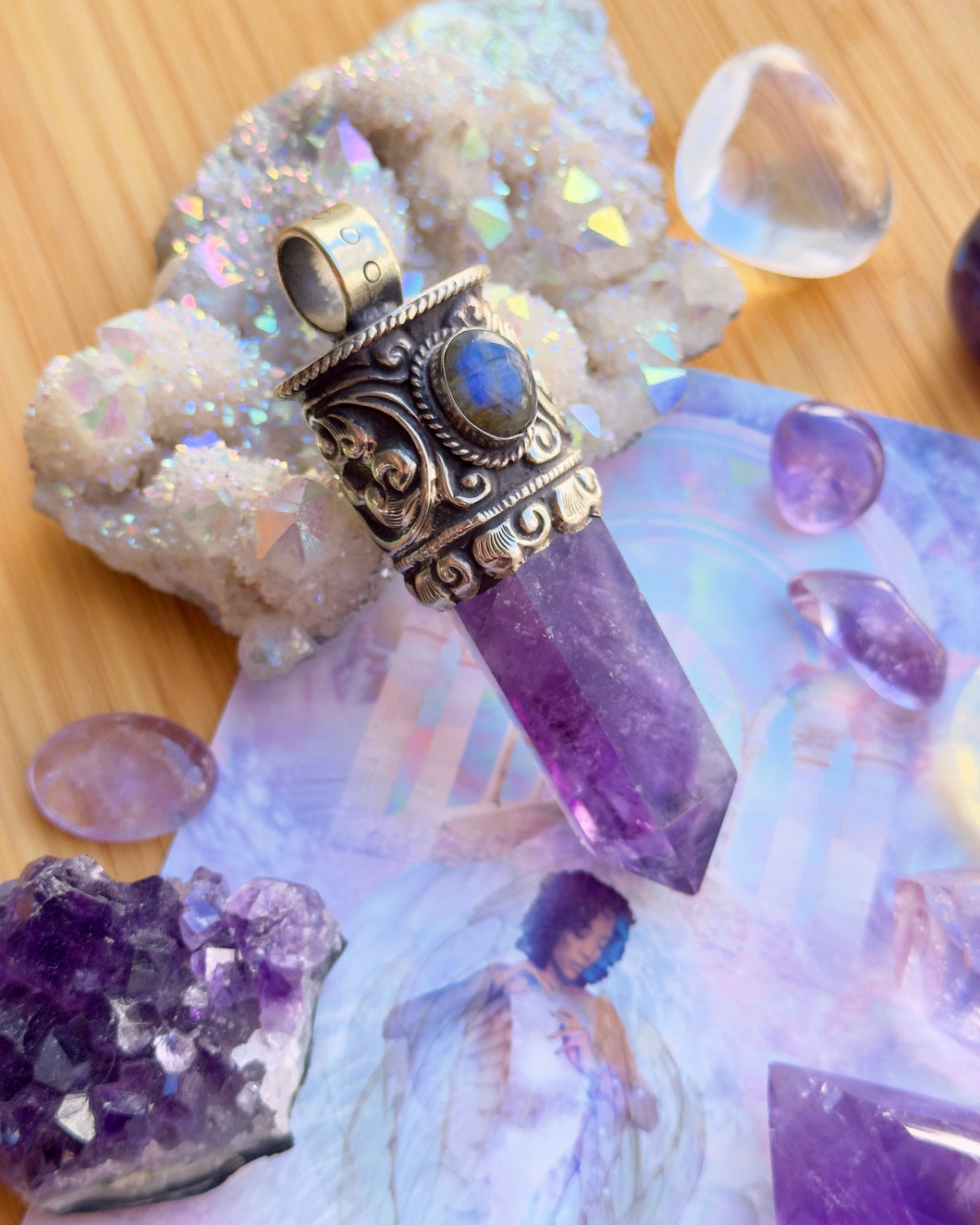 80mm Labradorite + Amethyst Point - Tibetan Brass