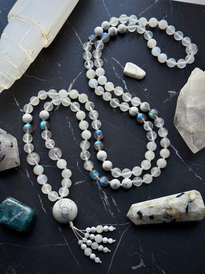 Full Moon Mala - 8mm - Selenite, Labradorite, Clear Quartz, Rainbow Moonstone, Tourmalated Quartz - 108 Mala Necklace - Howlite Focal