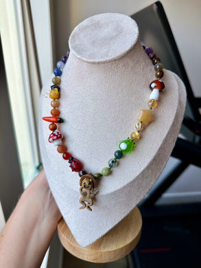 Reserved - Wylde Luck Bringer - 16” Choker - 8mm Gemstone Rainbow + Lampwork Glass - Lucky Peruvian Troll Quartz Pendant