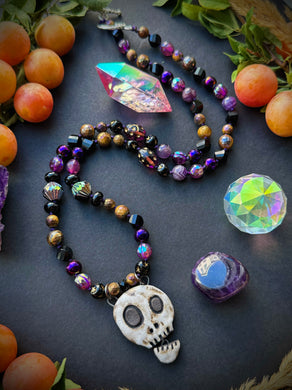 💀 Muerto Magico - 23” Necklace - Amethyst, Mystic Tigers Eye, Onyx, Hematite - Artisan Ceramic Skull 42mm