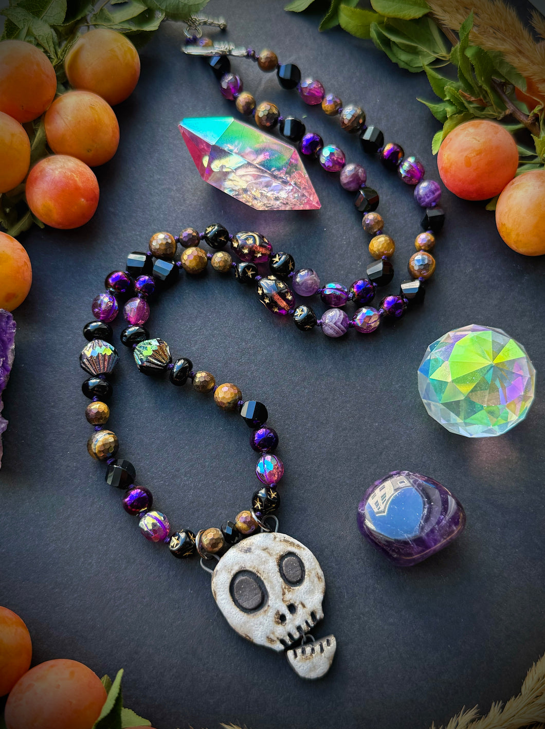 💀 Muerto Magico - 23” Necklace - Amethyst, Mystic Tigers Eye, Onyx, Hematite - Artisan Ceramic Skull 42mm