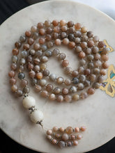 Load image into Gallery viewer, The Empress- 108 Mala Necklace - Grey Moonstone + Double Rainbow Moonstone Focal