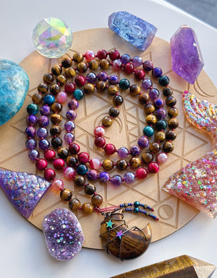 Mermaid Mala - Tigers Eye + Mystic Amethyst + Mystic Agate + Sea Sediment Jasper - 108 Mala Necklace - Tigers Eye Moon