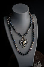 Load image into Gallery viewer, Air Dragon Guardian - 108 Meditation Necklace - 8mm Obsidian, Moonstone, Teal Apatite, Fluorite, Grey Chalcedony, Phantom Quartz, Iolite, Larvikite, Dumortierite - Dragon Focal
