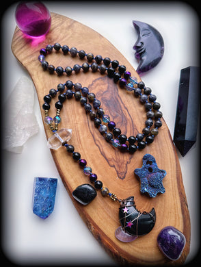 RESERVED - Iolite, Aura Quartz, Onyx + Onyx Moon - Knotted Lariat Necklace