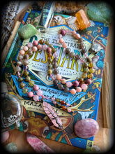 Load image into Gallery viewer, Midsummer - Rhodonite + Rose Quartz + Green Garnet + Peach Moonstone + Hematoid Amethyst + Grey Moonstone - 72 Bead Necklace - Hypersthene Pendant