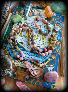 Midsummer - Rhodonite + Rose Quartz + Green Garnet + Peach Moonstone + Hematoid Amethyst + Grey Moonstone - 72 Bead Necklace - Hypersthene Pendant