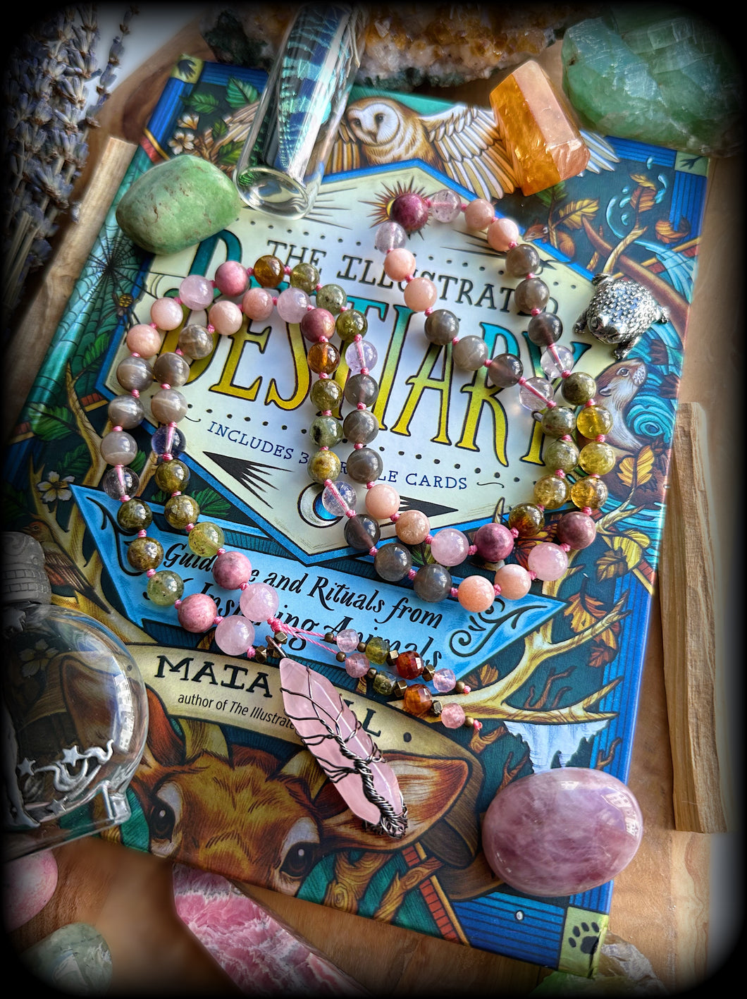 Midsummer - Rhodonite + Rose Quartz + Green Garnet + Peach Moonstone + Hematoid Amethyst + Grey Moonstone - 72 Bead Necklace - Hypersthene Pendant