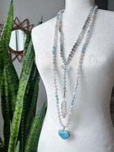 Load image into Gallery viewer, Calming Waves- Larimar Heart + 8mm Aquamarine + Rainbow Moonstone- 108 Mala Necklace