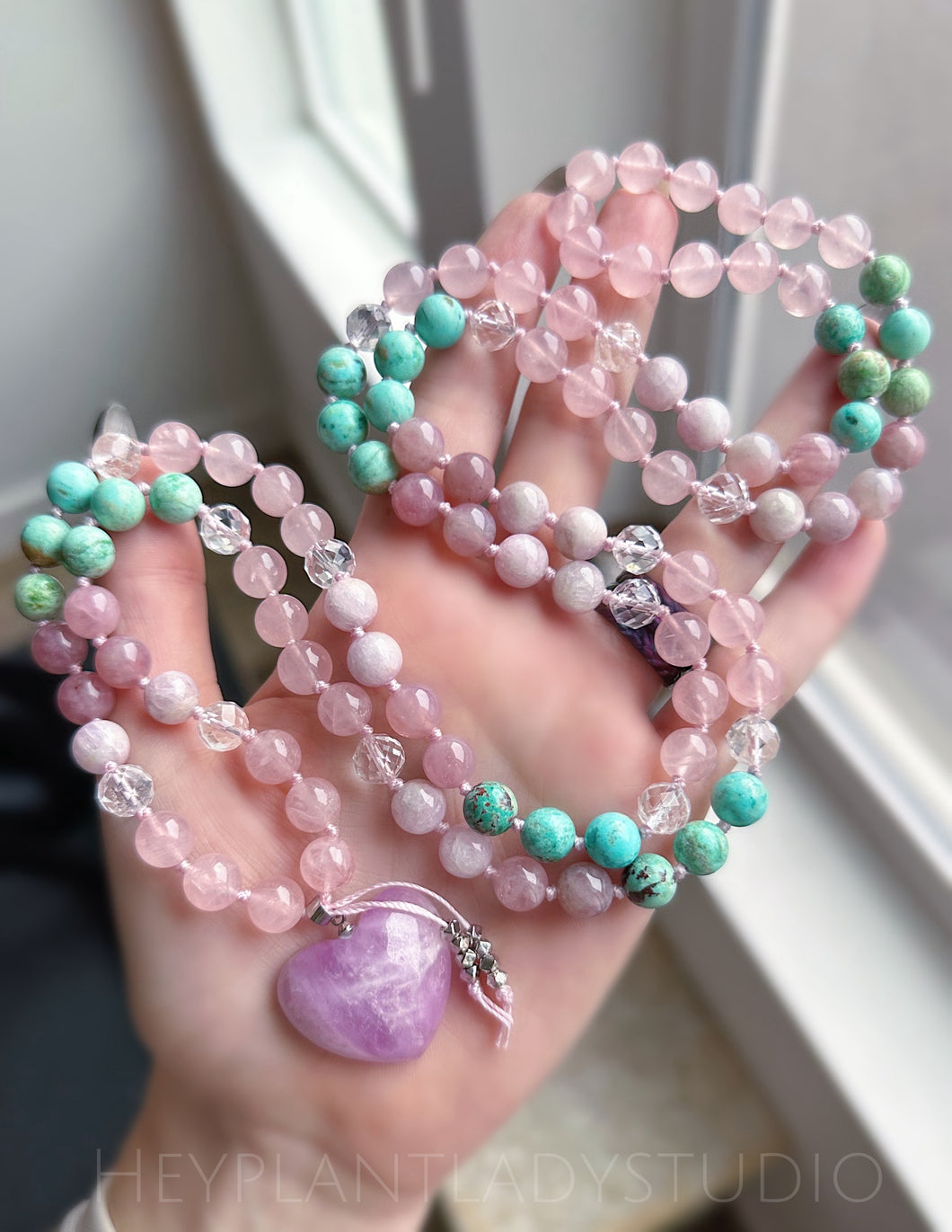 Love + Compassion - 108 Gemstone Meditation Beads - AAA Kunzite Heart Focal