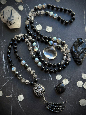 Shadow Sutra - 8mm Onyx, Labradorite, Tourmalinated Quartz, Hematite - 108 Mala 40” Necklace - CZ Cluster Focal