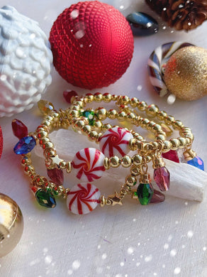 Deck the Halls Bracelet - Holiday Light Charms + Lampwork Glass Peppermint + Hematite Stars