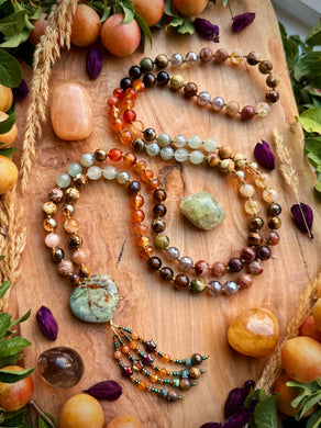 🏮 Festival of Light - 8mm - Carnelian, Mystic Tigers Eye, Citrine, Phantom Quartz, Aventurine - 108 Mala Necklace - Green Opal Focal - Gemstone Beaded Tassel