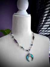 Load image into Gallery viewer, Sea Witch 18” Necklace - Abalone Shell Moon - Shell Moon Stars + Amethyst + Hematite + Freshwater Pearls