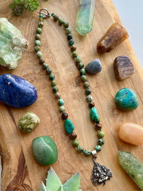 Ganesha’s Garden - 17” Choker - Green Opal + African Turquoise + Turquoise Focals - 925 Sterling Silver Ganesha Pendant