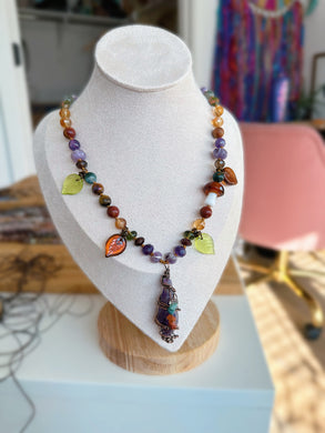 RESERVED - Grimtoad Hallow - 17.5” Choker - Amethyst Pumpkins, Citrine, Smoky Quartz, Unakite Hearts, Jasper, Tigers Eye - Mushrooms & Leaves + Wire wrapped rainbow Amethyst Point