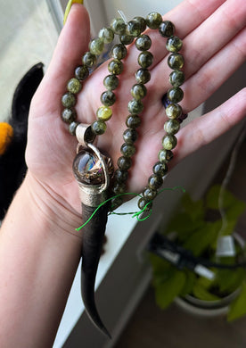 RESERVED - 72 Bead Knotted Green Lepidolite 8mm Necklace - Rainbow Smoky Quartz + Antler 925 Sterling Silver Pendant.