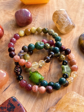 Circle of Life (3) Bracelet Stack - 8mm Rhyolite + Green Garnet + Tigers Eye + Sunstone + Strawberry Quartz + Citrine + Bloodstone
