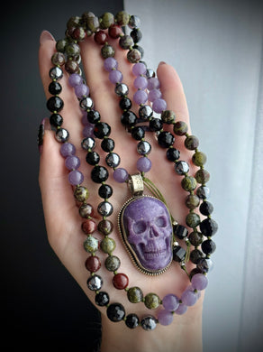 Blood + Ether - 8mm - Lilac Lepidolite, Onyx, Dragon Blood Jasper, Terahertz 108 Mala Necklace - Tibetan Lepidolite Skull