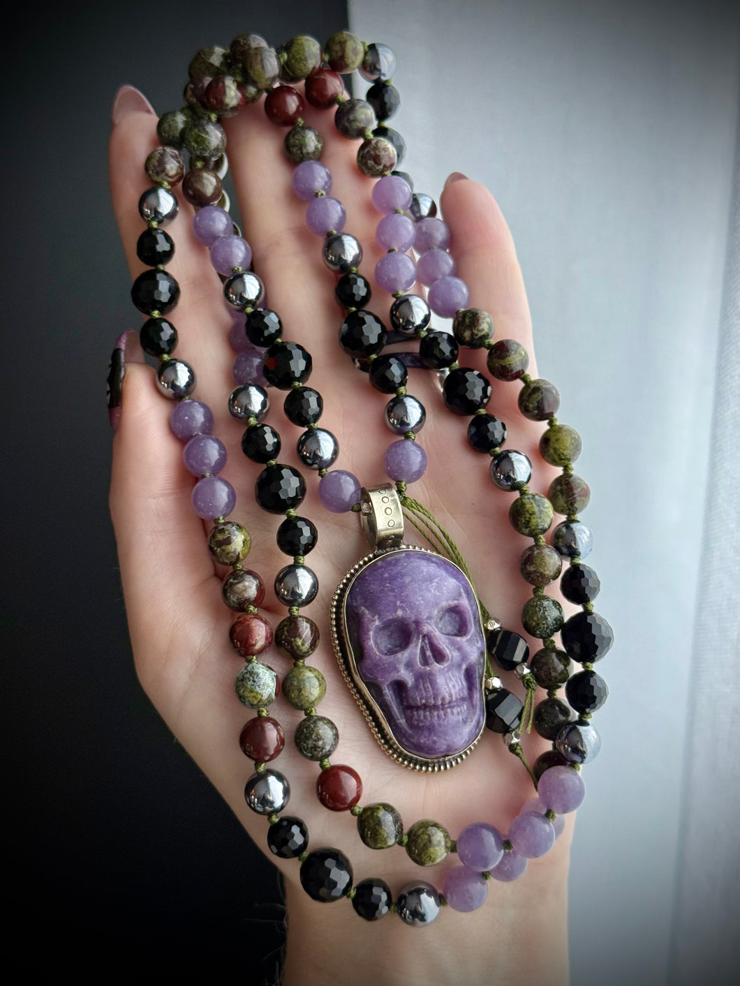 Blood + Ether - 8mm - Lilac Lepidolite, Onyx, Dragon Blood Jasper, Terahertz 108 Mala Necklace - Tibetan Lepidolite Skull
