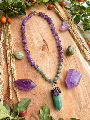 Lucky Moon - 18” Lantern Cut Amethyst + Mystic Aventurine - Aventurine + Amethyst Pendant