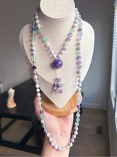 Load image into Gallery viewer, Calm &amp; Clarity - Purple Howlite, Rainbow Fluorite, Mystic Rose Quartz - 108 Mala Necklace - Amethyst Focal