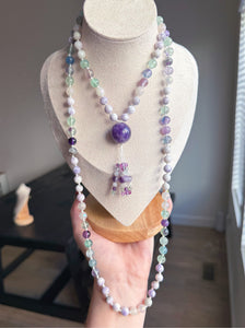 Calm & Clarity - Purple Howlite, Rainbow Fluorite, Mystic Rose Quartz - 108 Mala Necklace - Amethyst Focal