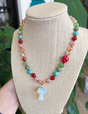 Strawberry Fields - 16” Choker - 8mm Mystic Strawberry Quartz + Red Carnelian+ Green Aventurine + Mystic Pink/Golden Healer + Lampwork Glass Strawberry - Opalite Mushroom Pendant