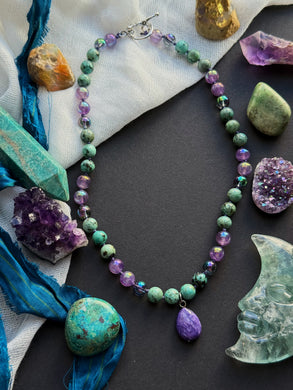 Inner Vision - 17” Choker  - 8mm - African Turquoise, Aura Amethyst, Aura Quartz - Teardrop Charoite Focal