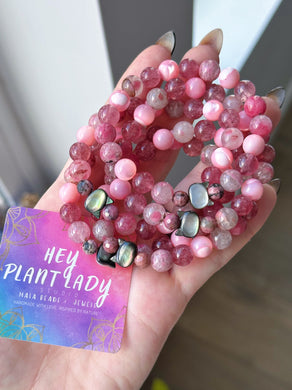 Smitten Kitten - Black Mother of Pearl Cat, 6mm Rhodonite, 8mm AAA Rhodonite in Quartz, Strawberry Quartz, Pink Mother of Pearl Stretch Mala Bracelet