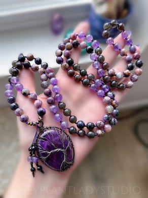 Divine Love, Healing, & Guidance - Charoite, Chrysoberyl, Amethyst - Amethyst Tree of Life - 108 Mala Bead Necklace