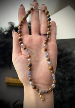 Load image into Gallery viewer, Twilight Familiar - 16” Choker - Mystic Tigers Eye, Tanzanite, Mystic Grey Agate + Italian Bronze Cat Focal + Silver Stars