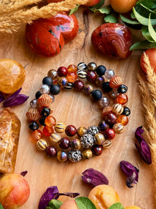 🎡 Carnival of Souls - Apple Jasper, Melon Agate, Mystic Tigers Eye, Mystic Smoky Quartz, Onyx, Silver Skulls Focal - 8mm Gemstone Stretch Mala Bracelet