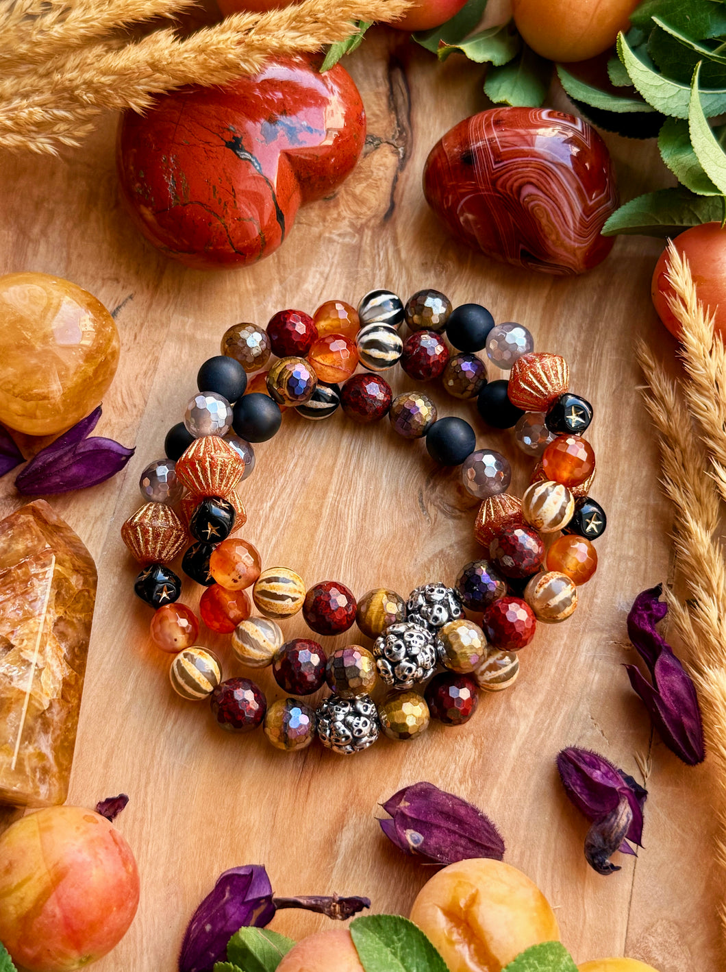 🎡 Carnival of Souls - Apple Jasper, Melon Agate, Mystic Tigers Eye, Mystic Smoky Quartz, Onyx, Silver Skulls Focal - 8mm Gemstone Stretch Mala Bracelet