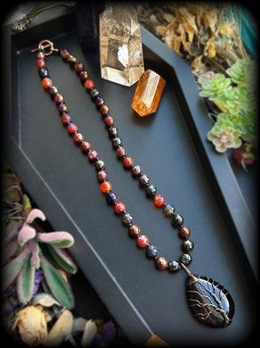 Solstice Flames - 16” Choker -  8mm Mystic Carnelian - Obsidian Tree of Life Pendant