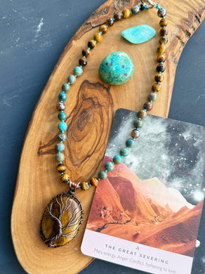 Limitless Growth - 16”Choker - 8mm Calsilica Jasper + Tigers Eye - Tigers Eye Pendant