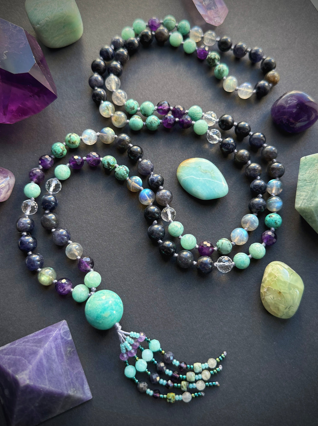 Sacred Discernment - 8mm Amazonite, Amethyst, Labradorite, Iolite, Clear Quartz, African Turquoise - 108 Mala Necklace - Amazonite Focal - Gemstone Beaded Tassel