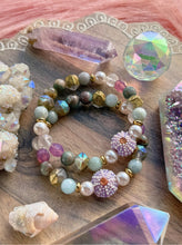 Load image into Gallery viewer, RESERVED - (3) 8.5” - Sassy Sea Urchin - 8mm Aquamarine, Amazonite, Rose Quartz, Czech Glass - Lampwork Urchin Focal - Stretch Mala Bracelet