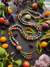 Load image into Gallery viewer, Autumn Abundance - 8mm Lepidolite, Green Apatite, Tigers Eye, Citrine, Rhodonite, Red Creek Jasper, Dalmatian Jasper - 108 Mala Necklace - Amethyst Focal - Gemstone Beaded Tassel